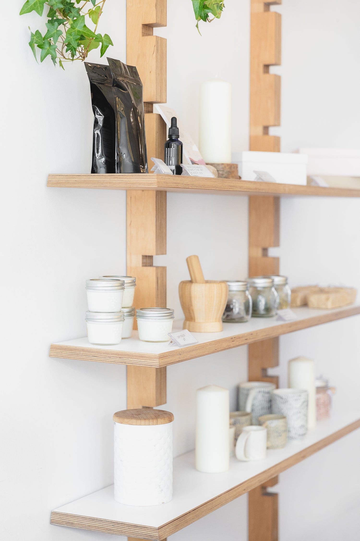 personal care products on a wooden shelf